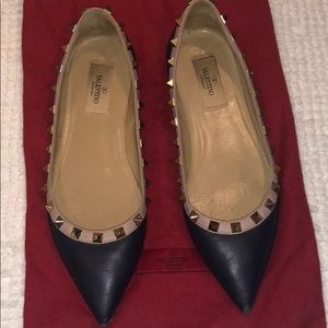 Navy Valentino Smooth Rockstud Ballerina Flats